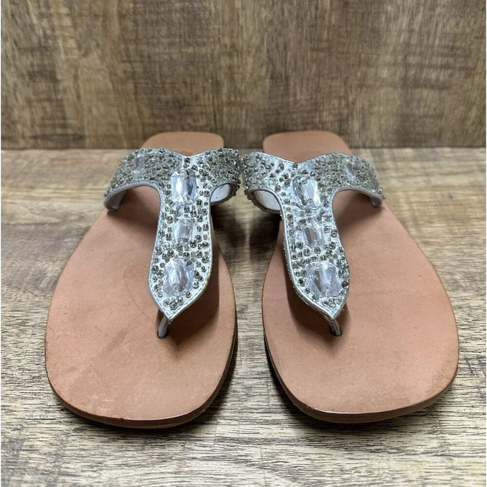 Yellow Box women size 6 silver leather thong flip flops sandals with jewels - Picture 2 of 13